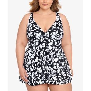 NWT Swim Solutions Printed Tummy-Control Flyaway Swimdress Opposites Attract
